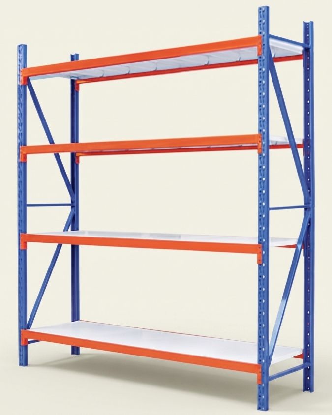 Warehouse rack with blue uprights, orange beams and steel shelves, rated 400kg per level